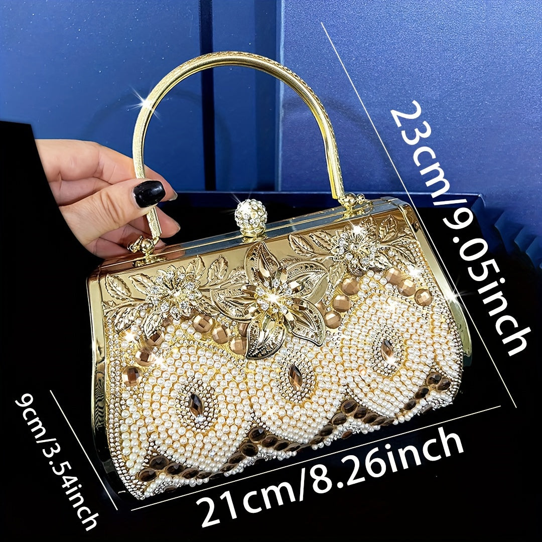 Elegant Golden Evening Clutch Bag with Rhinestone Embellishment, Geometric Pattern, Buckle Closure and Removable Strap for Women - , Perfect for Parties, Weddings, Proms, Banquets