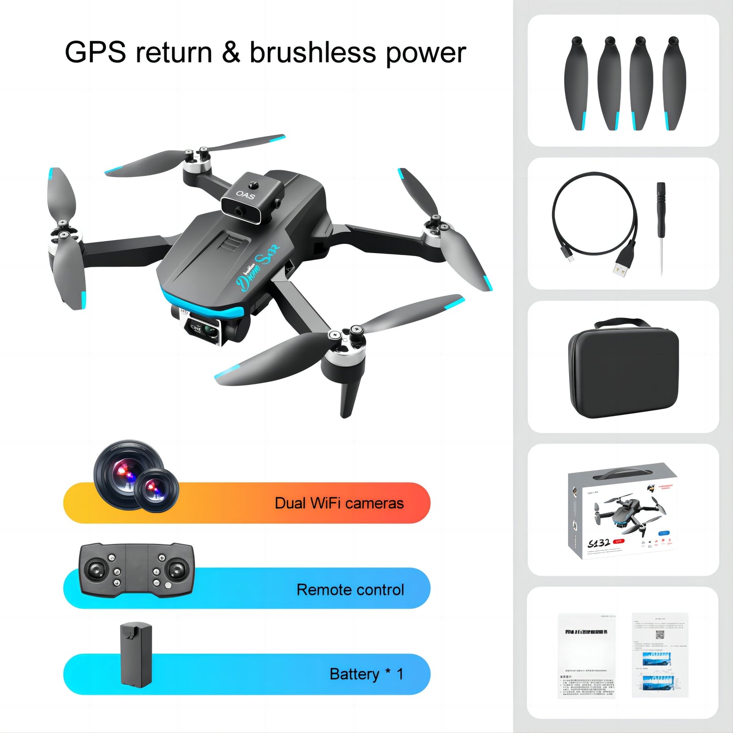 S132 GPS Quadcopter Drone with Dual HD Cameras, Brushless Motor, Optical Flow Positioning, Intelligent Obstacle Avoidance, One-Click Return, Wi-Fi Enabled, Rechargeable Battery