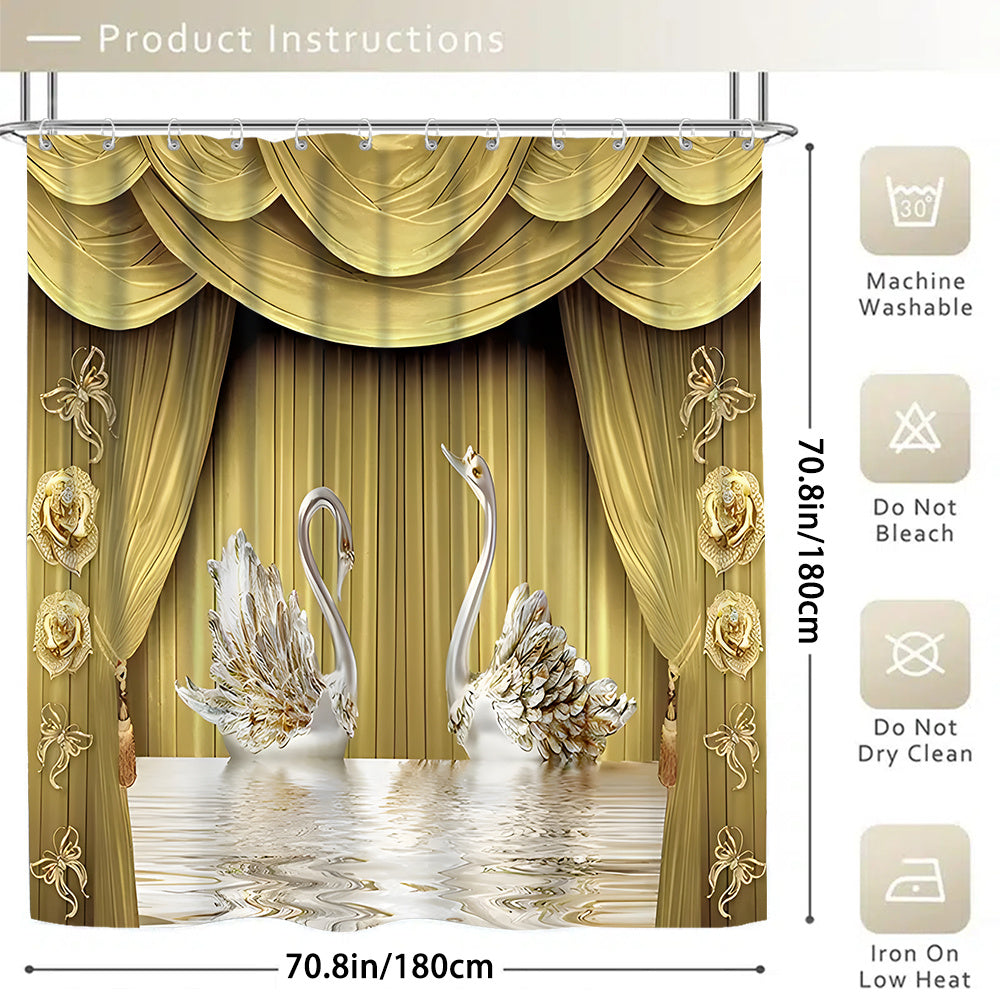 4pcs platinum swan shower curtain decoration, beautiful housewarming gift,  waterproof shower curtain and toilet floor mat three piece set with 12 shower curtain hooks