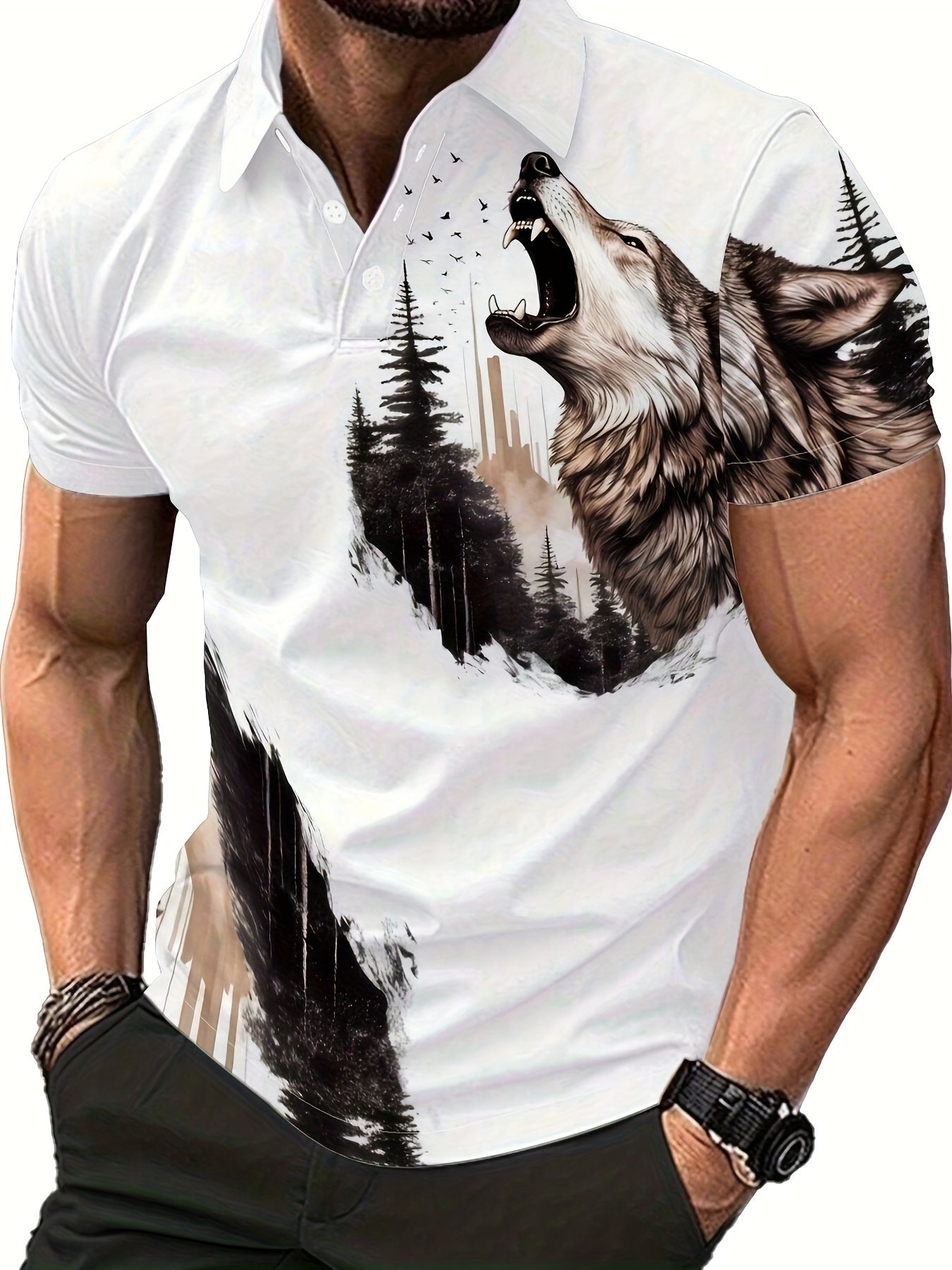 Men's Polyester Polo Shirt with Wolf and Forest Print - Casual Lapel Collar Sports Tee with Slight Stretch, Regular Fit Polo T-Shirt