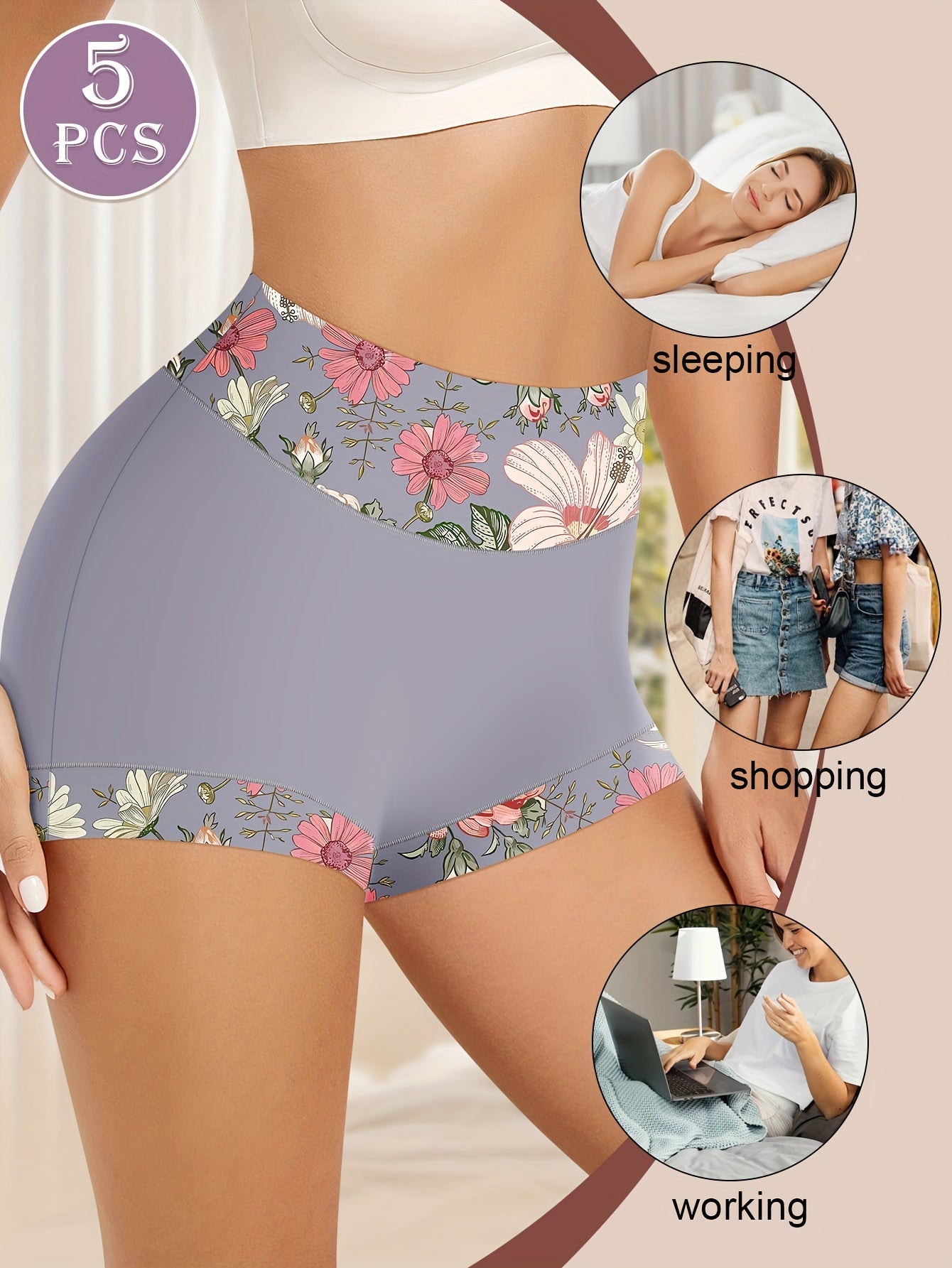 5-pack High-waisted Women's Underwear, Abdominal Lifting And Gluteus Lifting, Printed Pattern, Comfortable Style