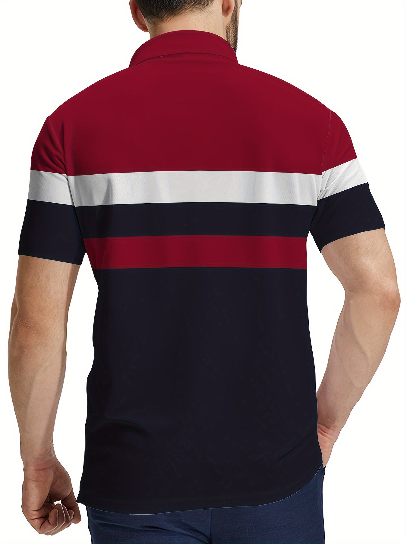 Men's Color Blocking Stripe Print Golf Shirt for Summer, Casual Stylish Short Sleeve Top As Gift