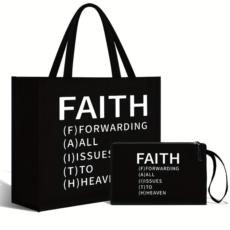 2pcs Faith-Inspired Linen Tote Bag and Pouch Set, Large Capacity Shoulder Bag with Printed Lettering,