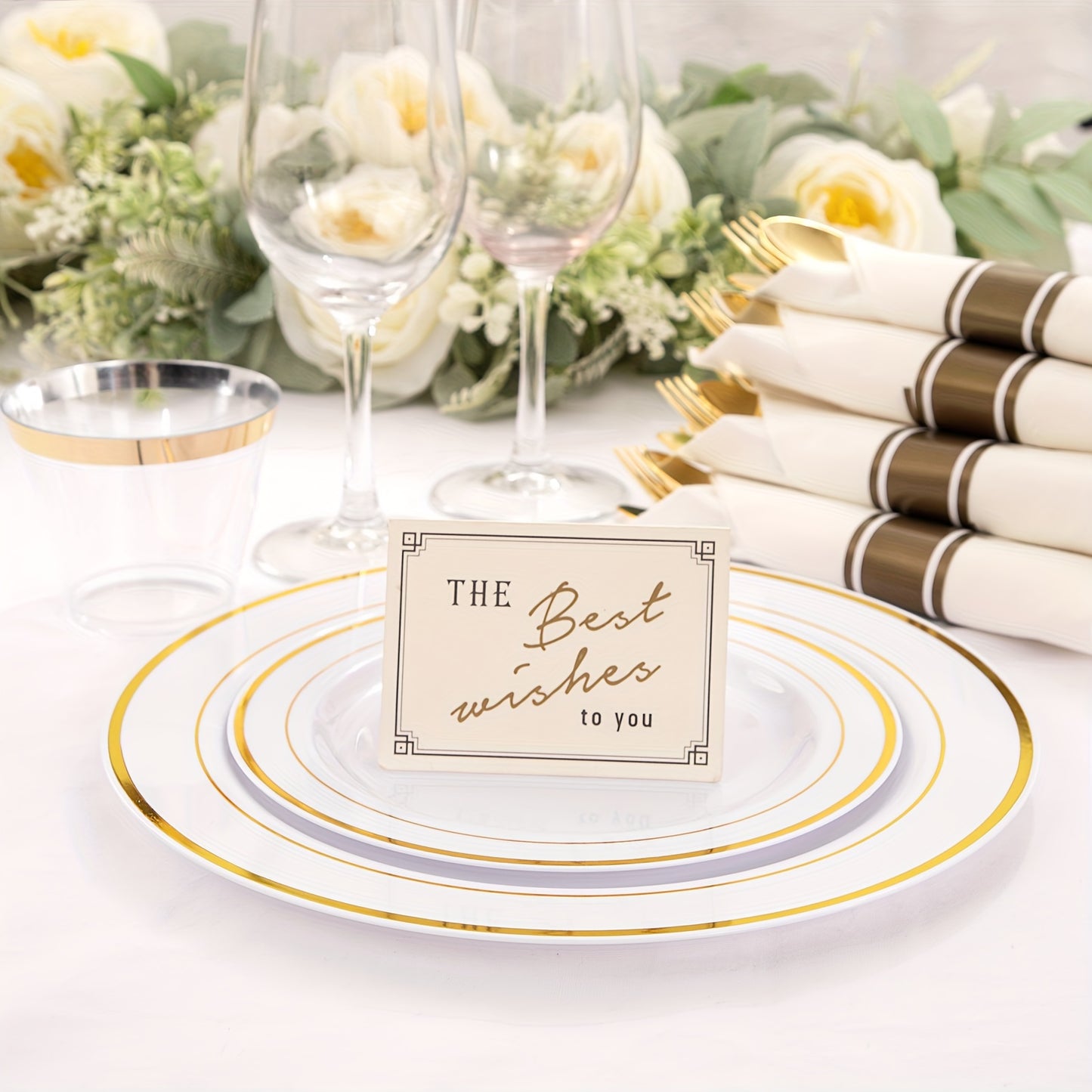 350pcs Golden Plastic Plates with Disposable Silverware and Cups Include:50 Dinner Plates 50 Dessert Plates 50 Golden Rim Cups 9 OZ 50 Golden Cutlery