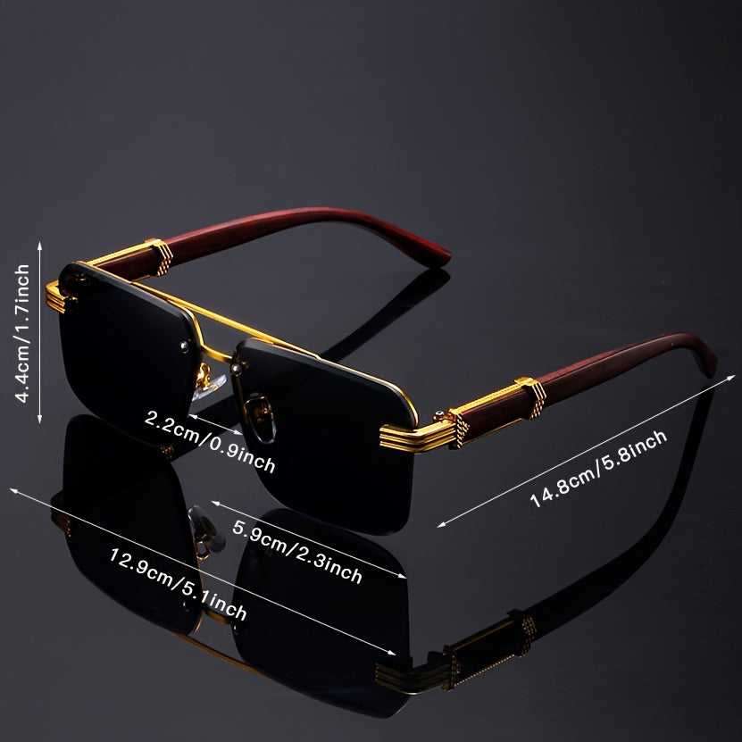 2pcs Vintage Rimless Fashion Glasses for Women, Classic Wooden Temple, Cool Concave Design