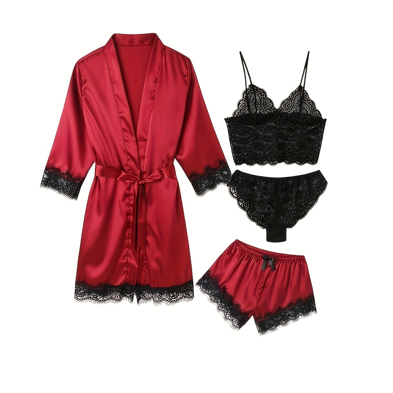 Women's 4-Piece Sleepwear Set, Three Quarter Sleeve Robe & V Neck Crop Cami Top & Panty & Mini Shorts