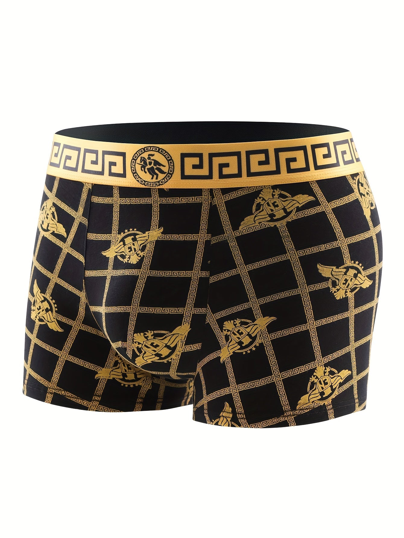 4-Pack Men'S Boxer Briefs, Soft Comfortable, Black and Golden Print, Polyester 92% Spandex 8%, High Stretch Knit Fabric, 125gsm, Daily & Casual Wear