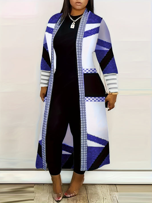 Women's Plus Size Geometric Print Open Front Cardigan - Casual Long Sleeve, Lightweight Knit Coat