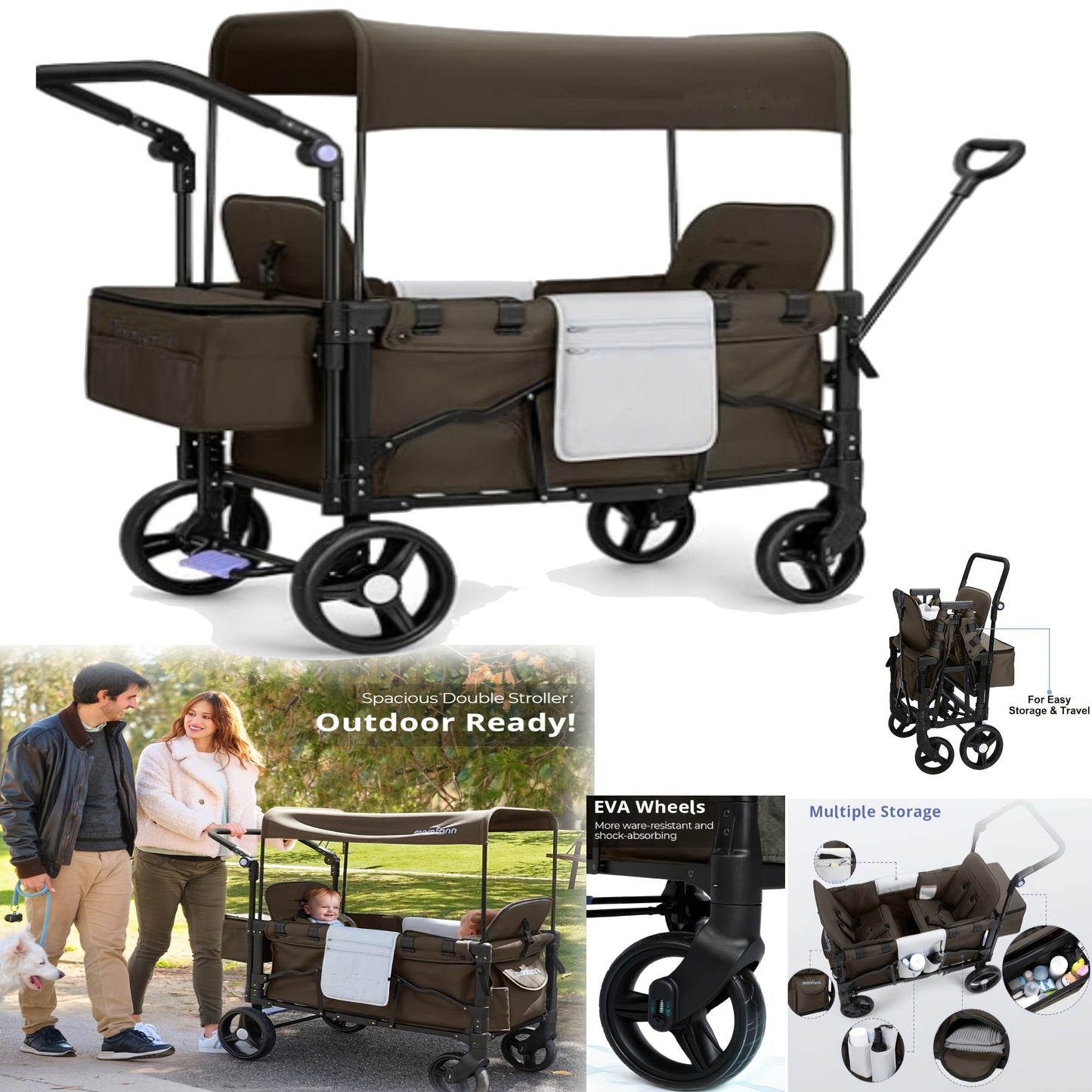 Stroller Wagon For Kids, Wagon 2 Seaters, Collapsible Wagon Parent Organizer, Adjustable Handle & Pull Bar For Infants And Toddlers, Brown