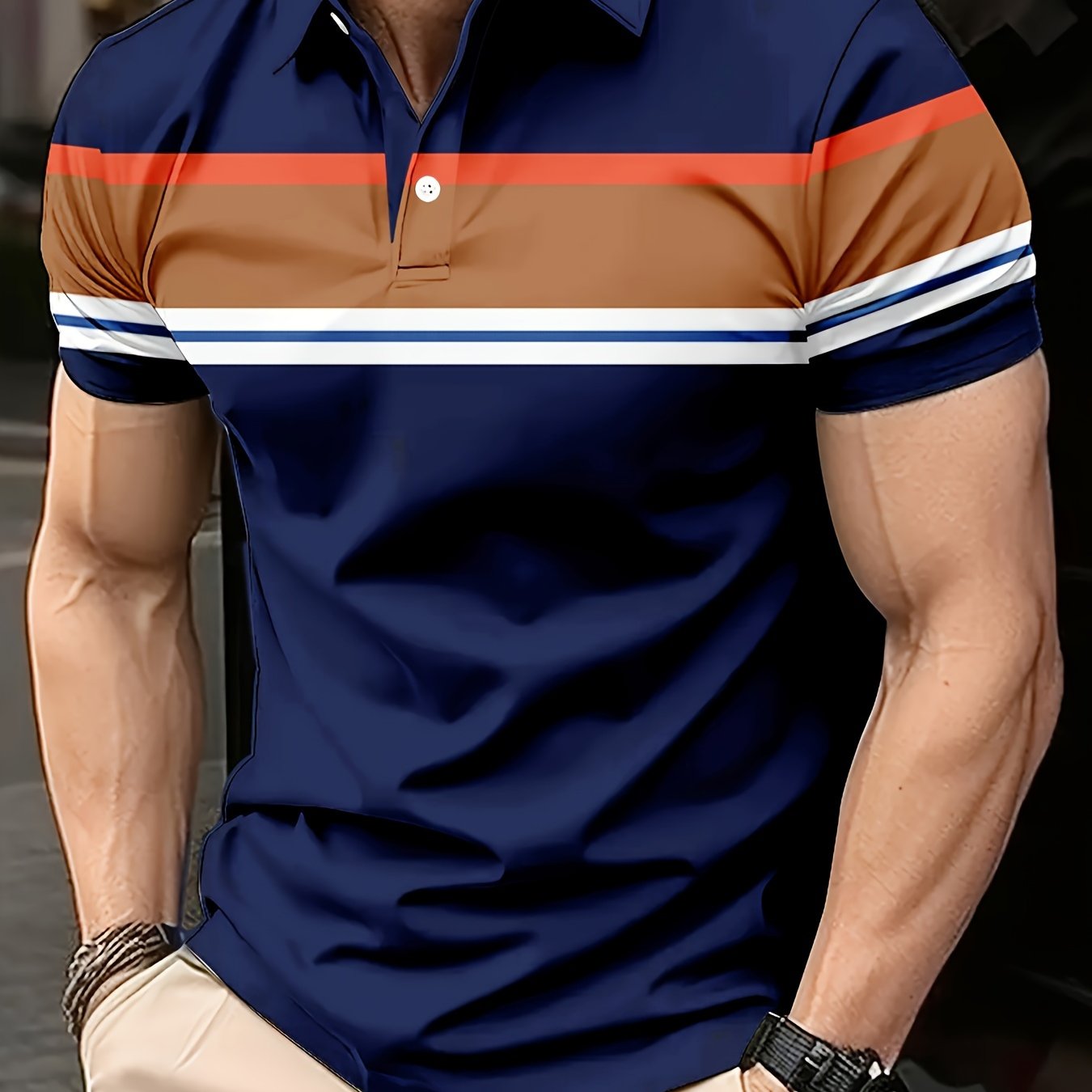 Men's Casual Striped Print Golf Shirt - Breathable Polyester, Short Sleeve with Button Detail, Perfect for Spring/Fall