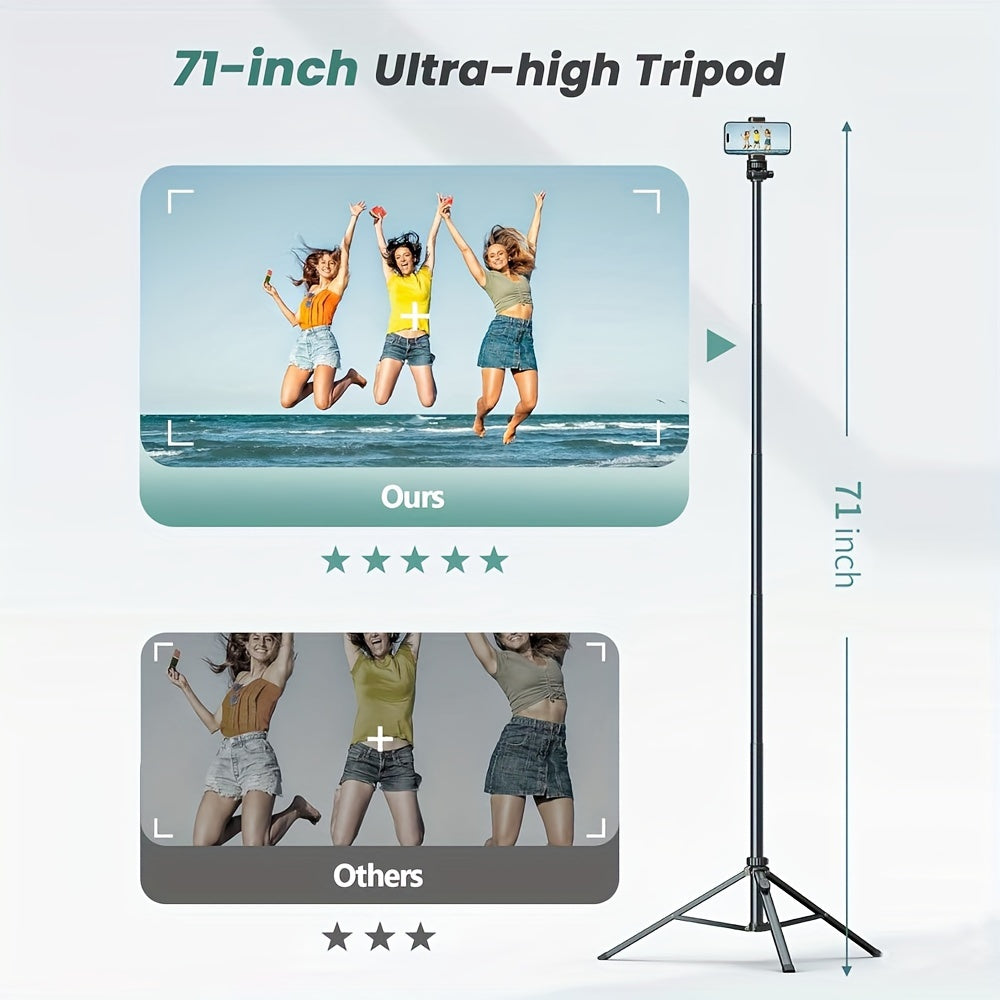 71'' Phone Tripod Stand, Extendable Reinforced Aluminum Phone Stand With Wireless Remote, Stable Cellphone Tripod Compatible With Phone