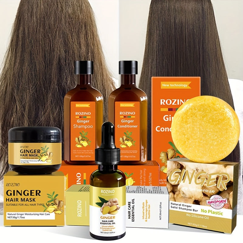 Ginger Hair Care Set, including shampoo, conditioner, shampoo soap, hair mask and essential oil, provides a comprehensive hair care solution,