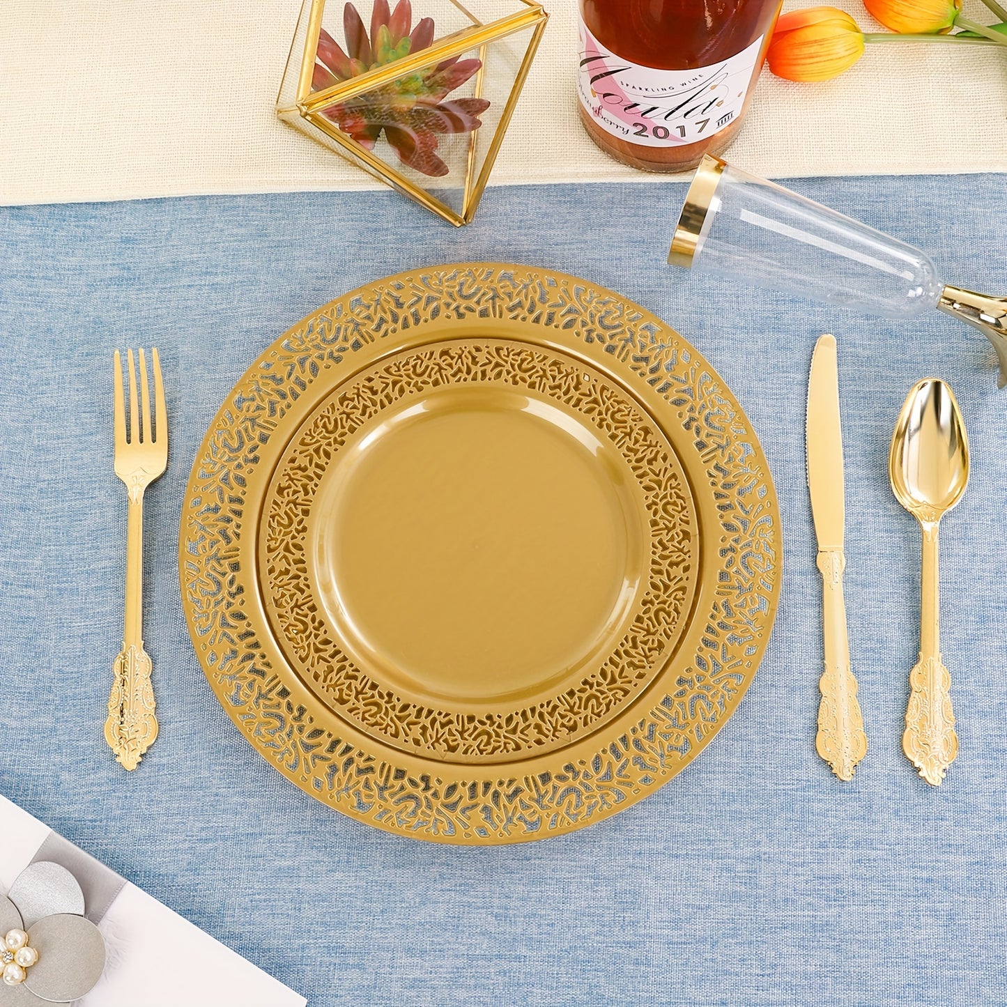 210 pcs Solid Golden Disposable Plates with Golden Plastic Silverware and Cups for Party,