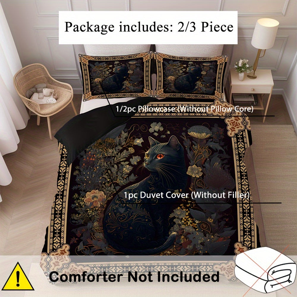 2/3pcs Bohemian Black Cat Print Duvet Cover Set (1 Duvet Cover + 1/，2 Pillowcase, Without Core), Soft Comfortable Bedding Set, for Bedroom,