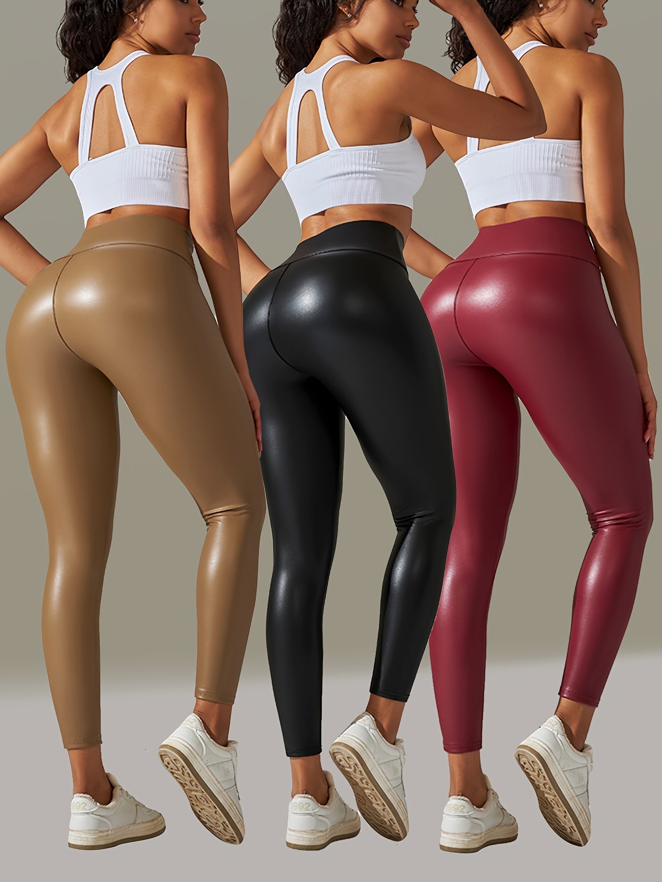 3pcs Of Big Size Faux Leather Pants Women'S Leggings High Waist Tight Sexy Color Yoga Pants Women