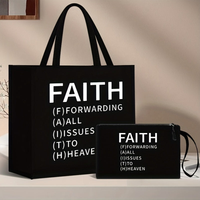 2pcs Faith-Inspired Linen Tote Bag and Pouch Set, Large Capacity Shoulder Bag with Printed Lettering,