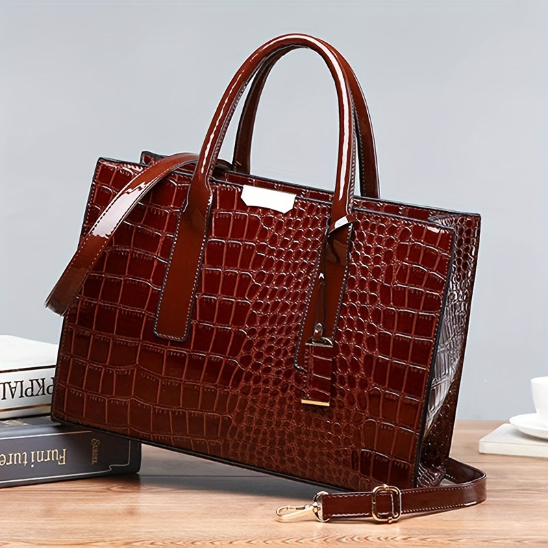 Chic Crocodile-Embossed Tote Bag for Women - Spacious & Versatile with Adjustable Strap, Zip Closure - Perfect for Work or  Available in Brown/Black