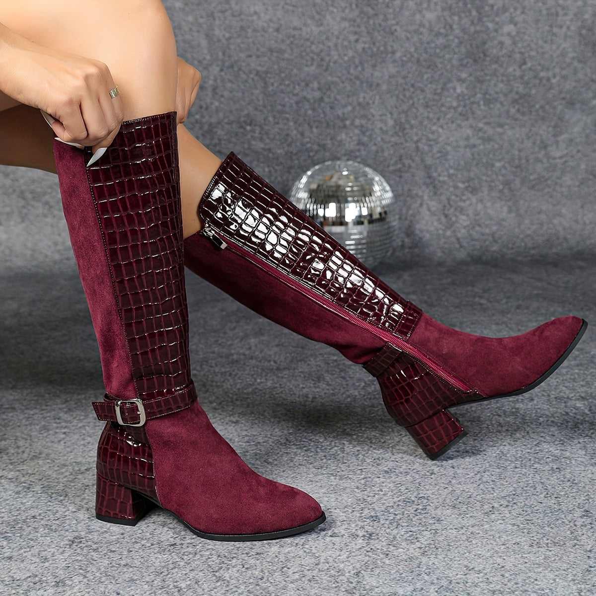 Wine Red Mid Heeled Boots - Knee High Boots with Side Zippers - Winter Plush Knight Boots