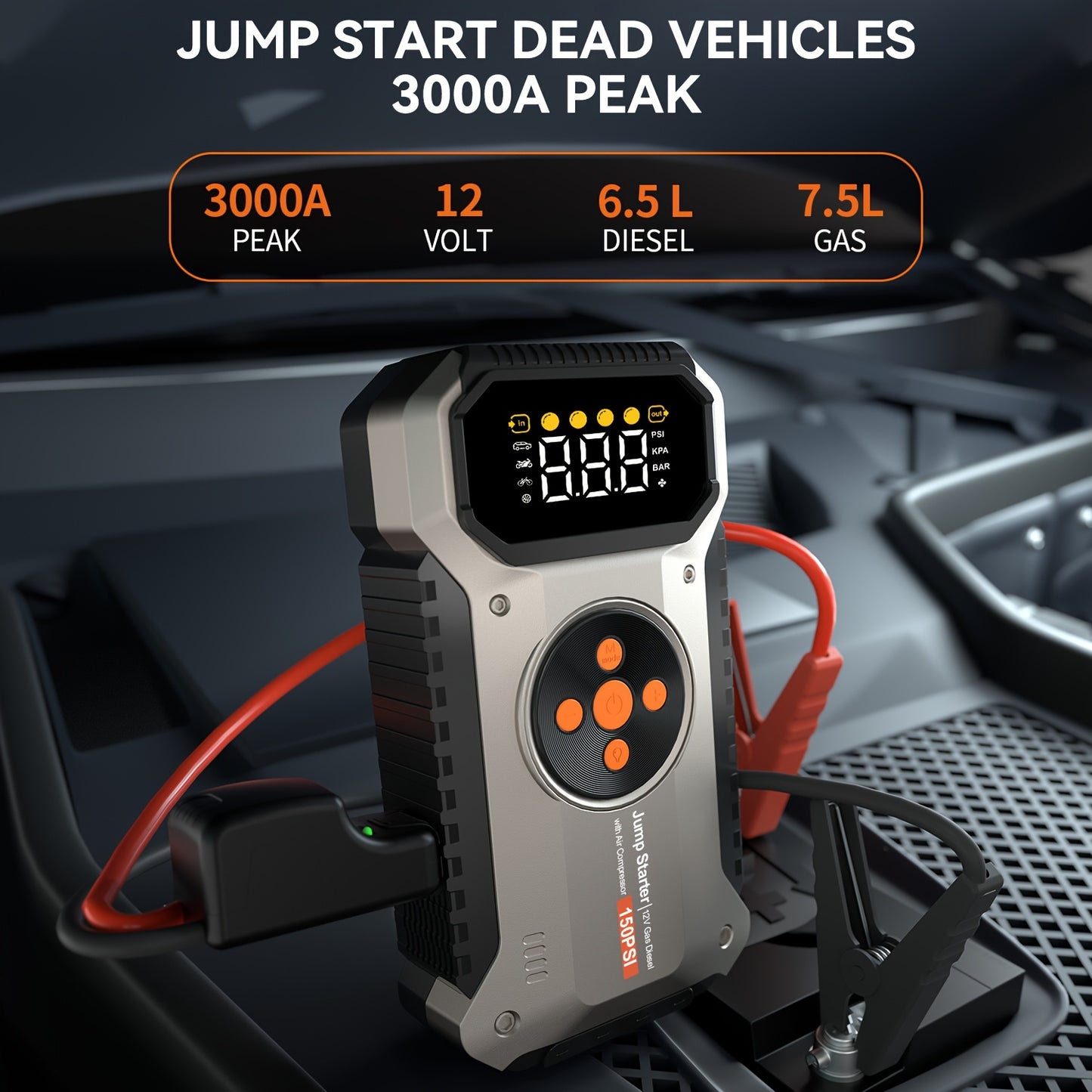 2025 Ultimate Car Jump Starter & Air Compressor Kit - 3000A Peak, 150PSI Digital Tire Inflator,