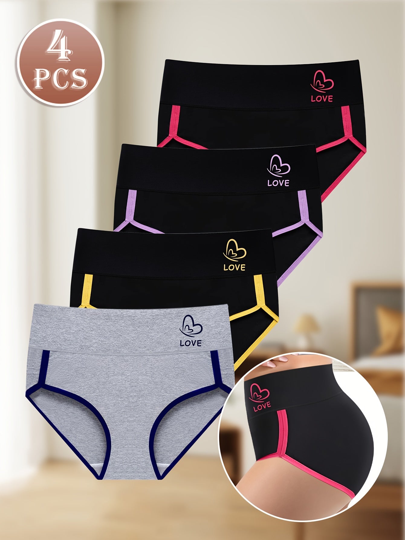 4pcs Women'S Mid-Rise Briefs, Elegant Polyester and Elastane Knit Fabric Underwear, Color Block Design with Tummy Control