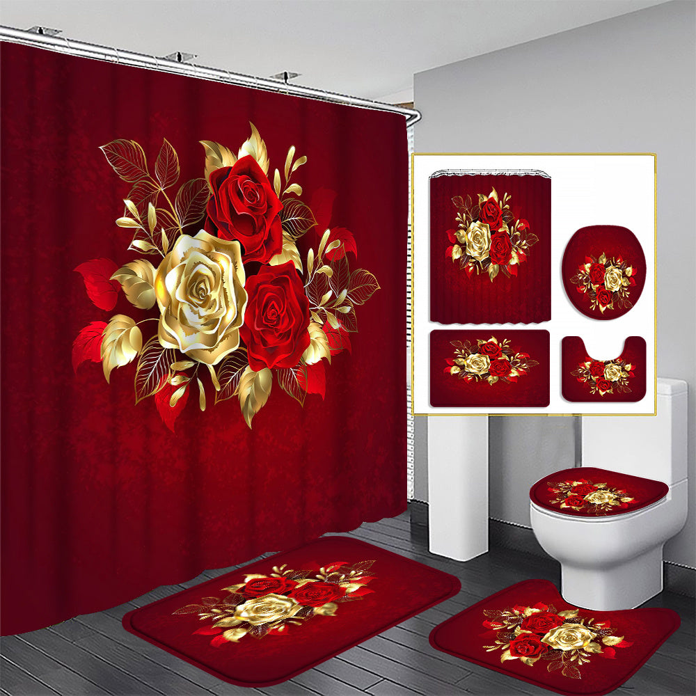 4pcs gold rose curtain shower curtain decoration, beautiful housewarming gift, modern home decoration, waterproof shower curtain and toilet floor mat three piece set with 12 shower curtain hooks