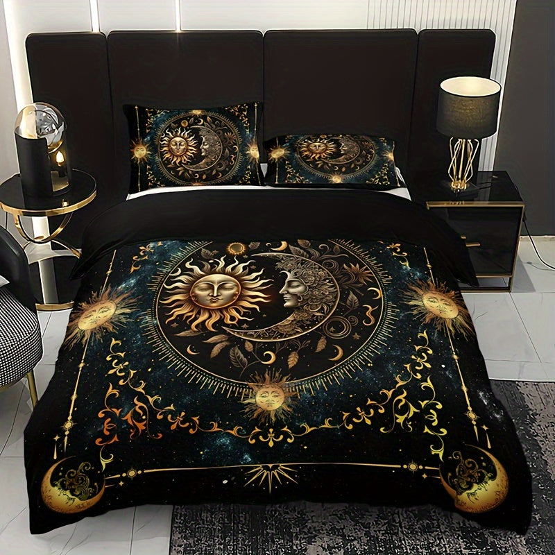 3pcs Golden Sun, Moon & Stars Bedding Set - Includes 1 Duvet Cover and 2 Pillowcases