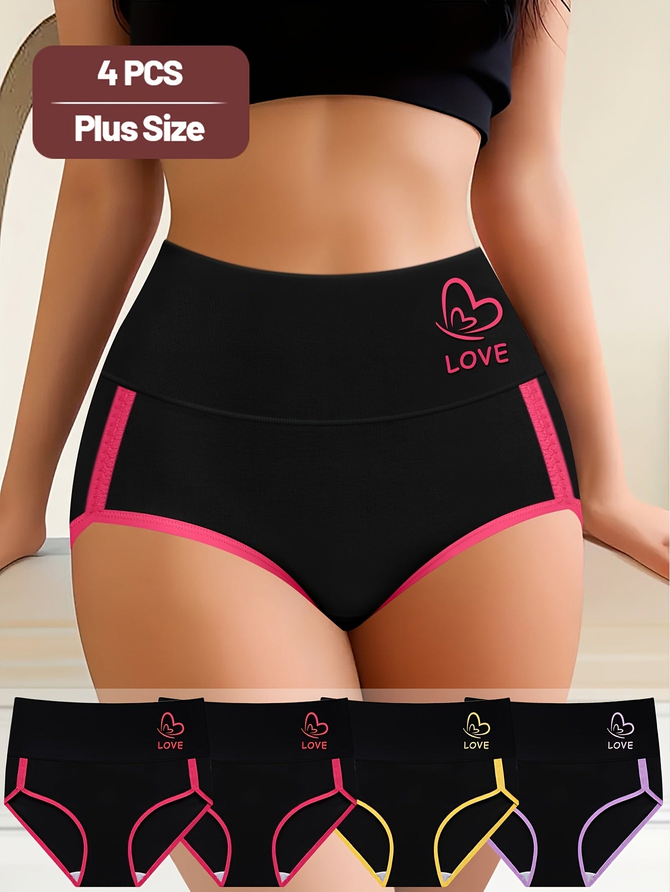 4pcs Women'S Mid-Rise Briefs, Elegant Polyester and Elastane Knit Fabric Underwear, Color Block Design with Tummy Control