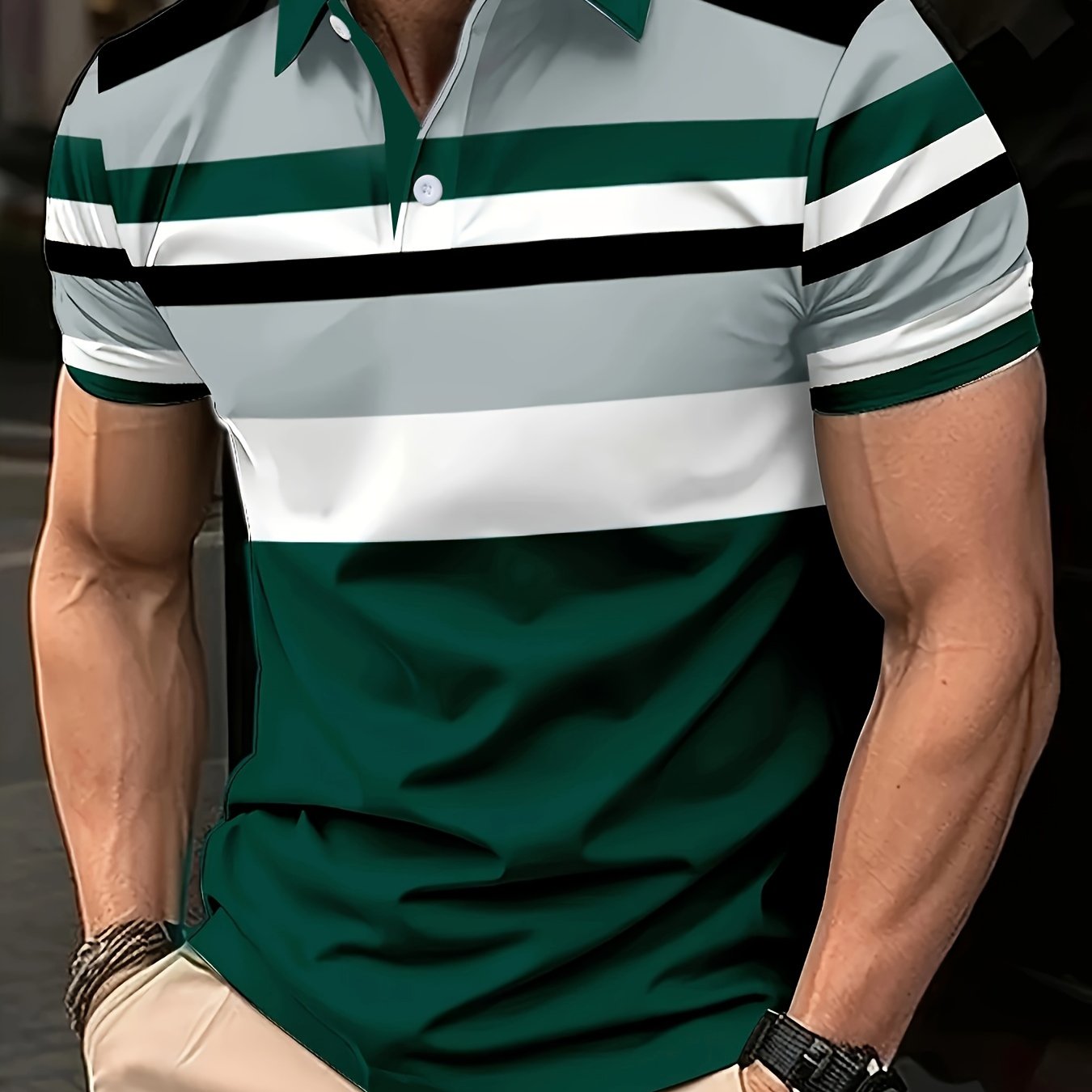 Men'S Casual Striped 3D Print Golf Shirt, Short Sleeve Button-Up Lapel Collar