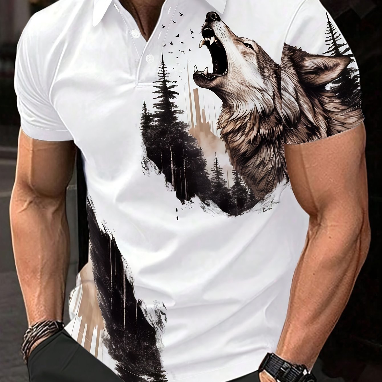 Men's Polyester Polo Shirt with Wolf and Forest Print - Casual Lapel Collar Sports Tee with Slight Stretch, Regular Fit Polo T-Shirt