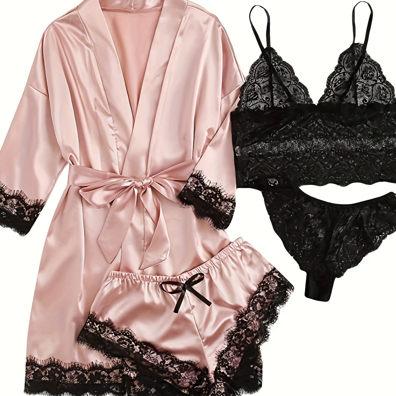 Women's 4-Piece Sleepwear Set, Three Quarter Sleeve Robe & V Neck Crop Cami Top & Panty & Mini Shorts