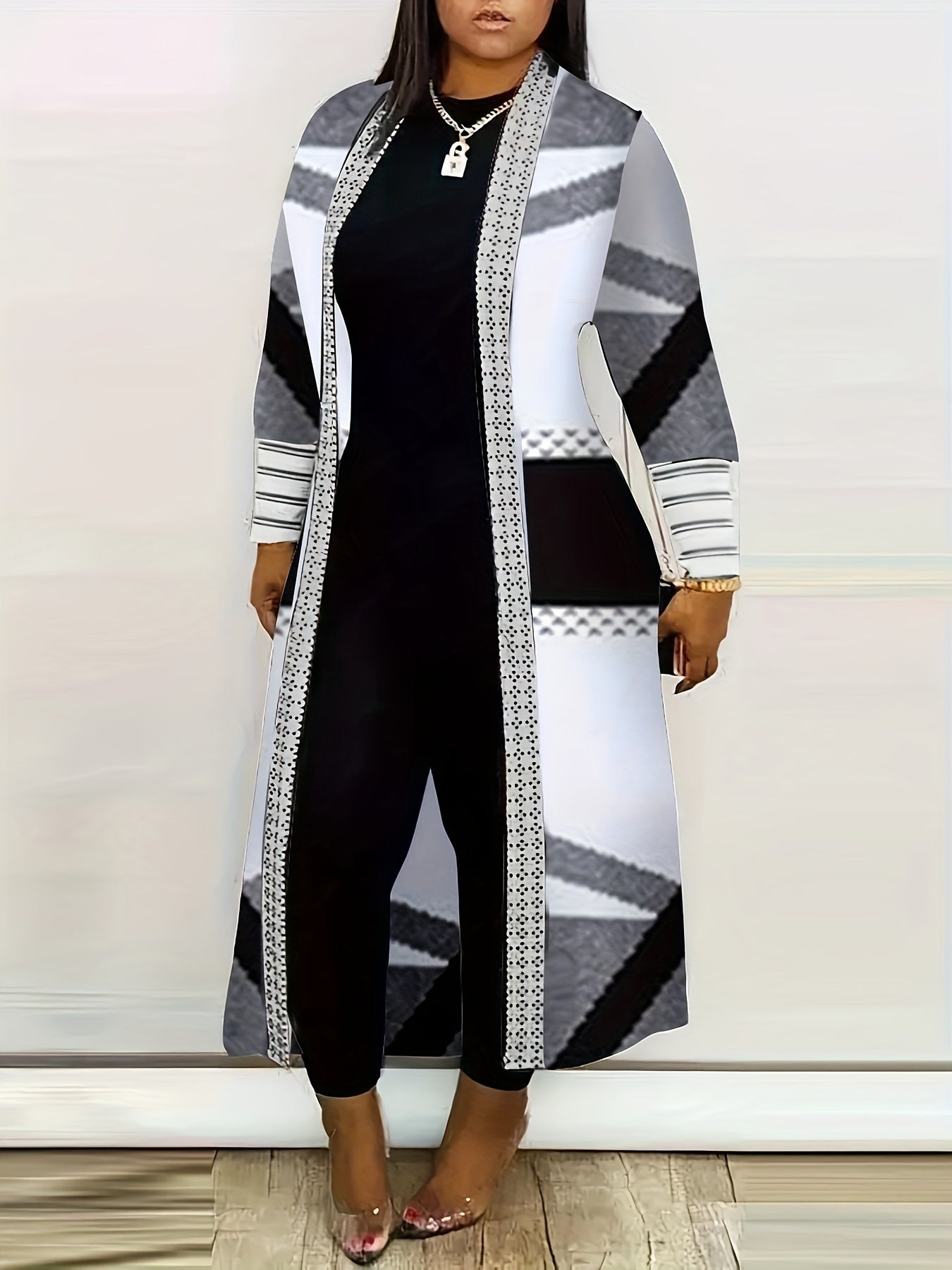 Women's Plus Size Geometric Print Open Front Cardigan - Casual Long Sleeve, Lightweight Knit Coat