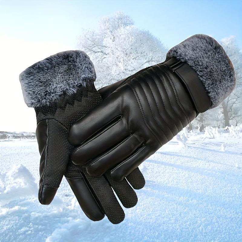 1 Pair Men'S Winter Gloves, for Snow, Skiing, Cycling, Black, Faux Leather, Unisex