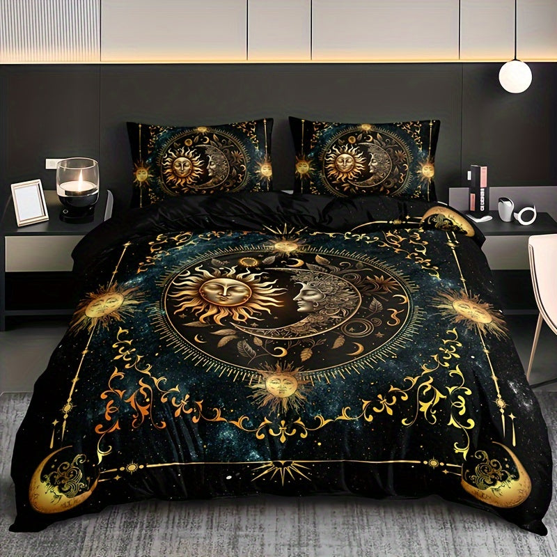 3pcs Golden Sun, Moon & Stars Bedding Set - Includes 1 Duvet Cover and 2 Pillowcases