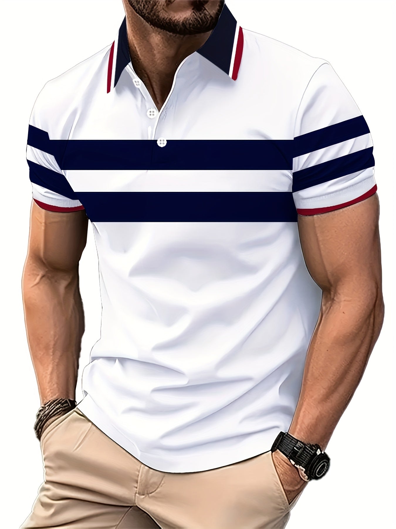 1pc Men'S Summer Casual Polo Shirt - Striped Short Sleeve - 100% Polyester