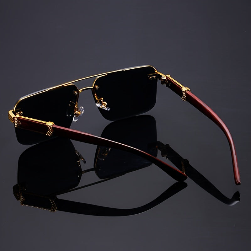 2pcs Vintage Rimless Fashion Glasses for Women, Classic Wooden Temple, Cool Concave Design