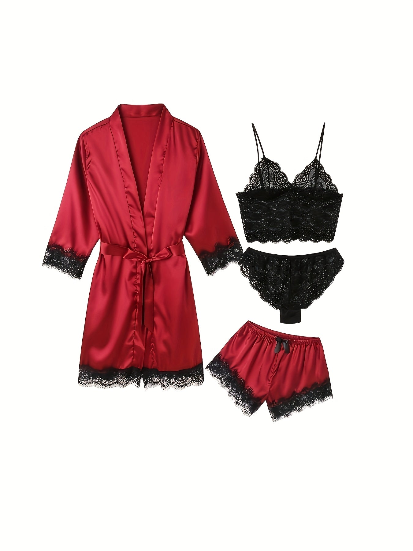 Women's 4-Piece Sleepwear Set, Three Quarter Sleeve Robe & V Neck Crop Cami Top & Panty & Mini Shorts