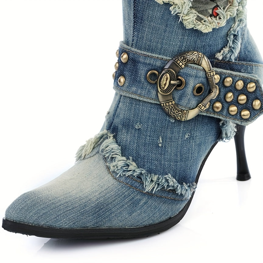 Knee High Women's Denim Boots with Rivet Punk Stiletto Heel and Pointed Toe