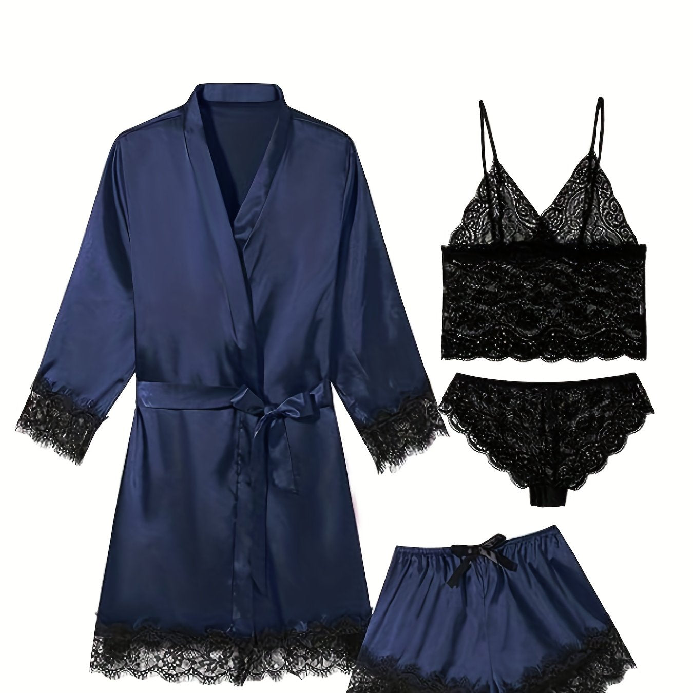 Women's 4-Piece Sleepwear Set, Three Quarter Sleeve Robe & V Neck Crop Cami Top & Panty & Mini Shorts