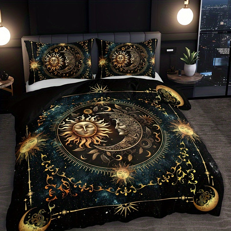 3pcs Golden Sun, Moon & Stars Bedding Set - Includes 1 Duvet Cover and 2 Pillowcases