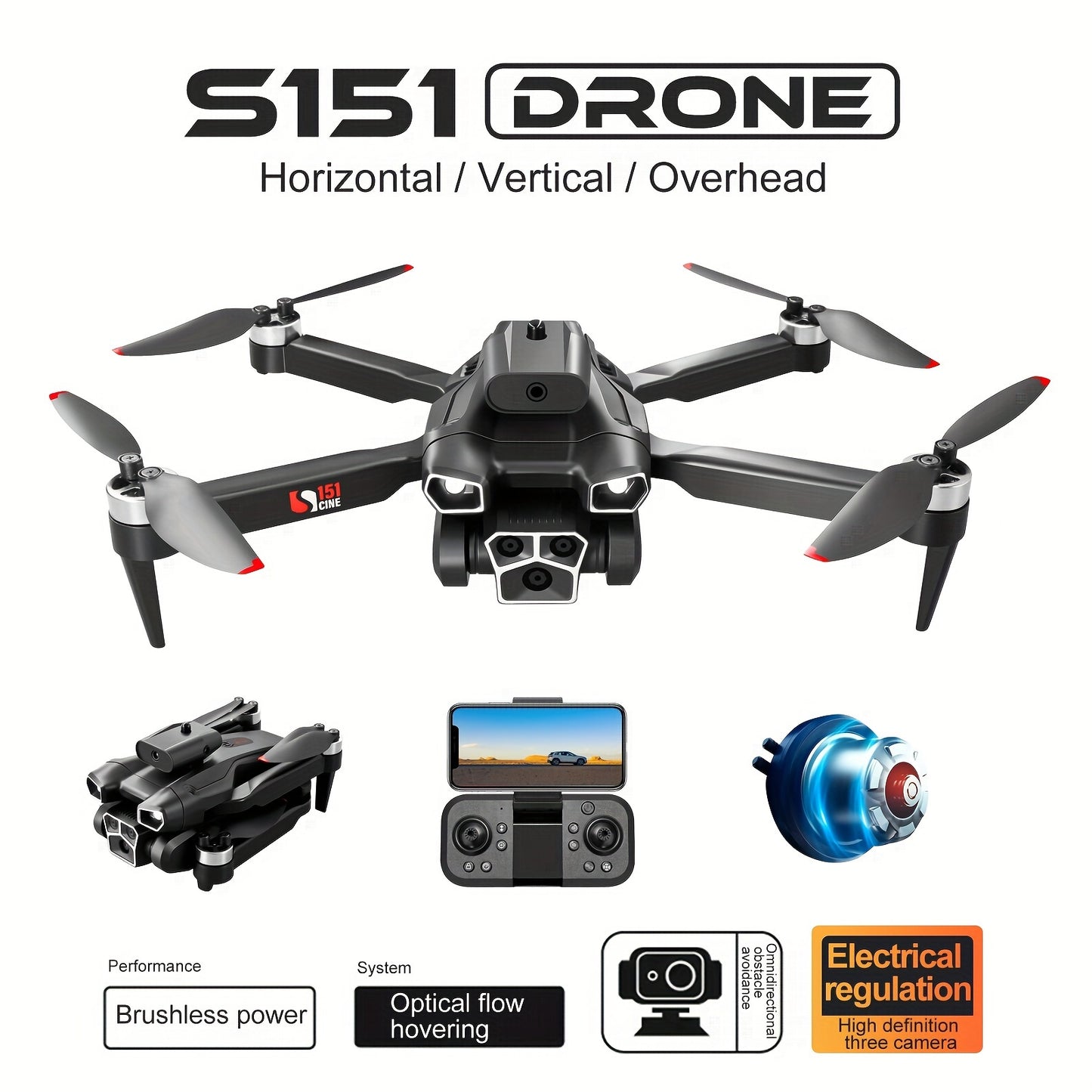 4K HD Three Camera Brushless Drone - Intelligent Obstacle Avoidance,, Auto Return, One-Touch Take-Off/Landing, 360° Beauty Mode, 3 Rechargeable Batteries, Carrying Case, Wi-Fi Connectivity, And Battery Powered