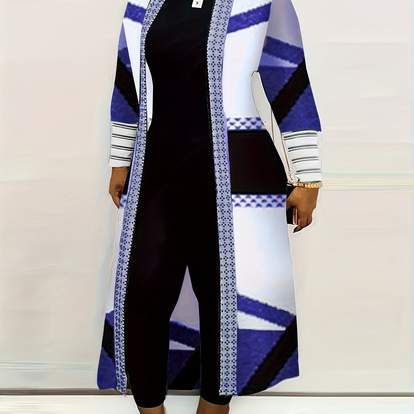 Women's Plus Size Geometric Print Open Front Cardigan - Casual Long Sleeve, Lightweight Knit Coat