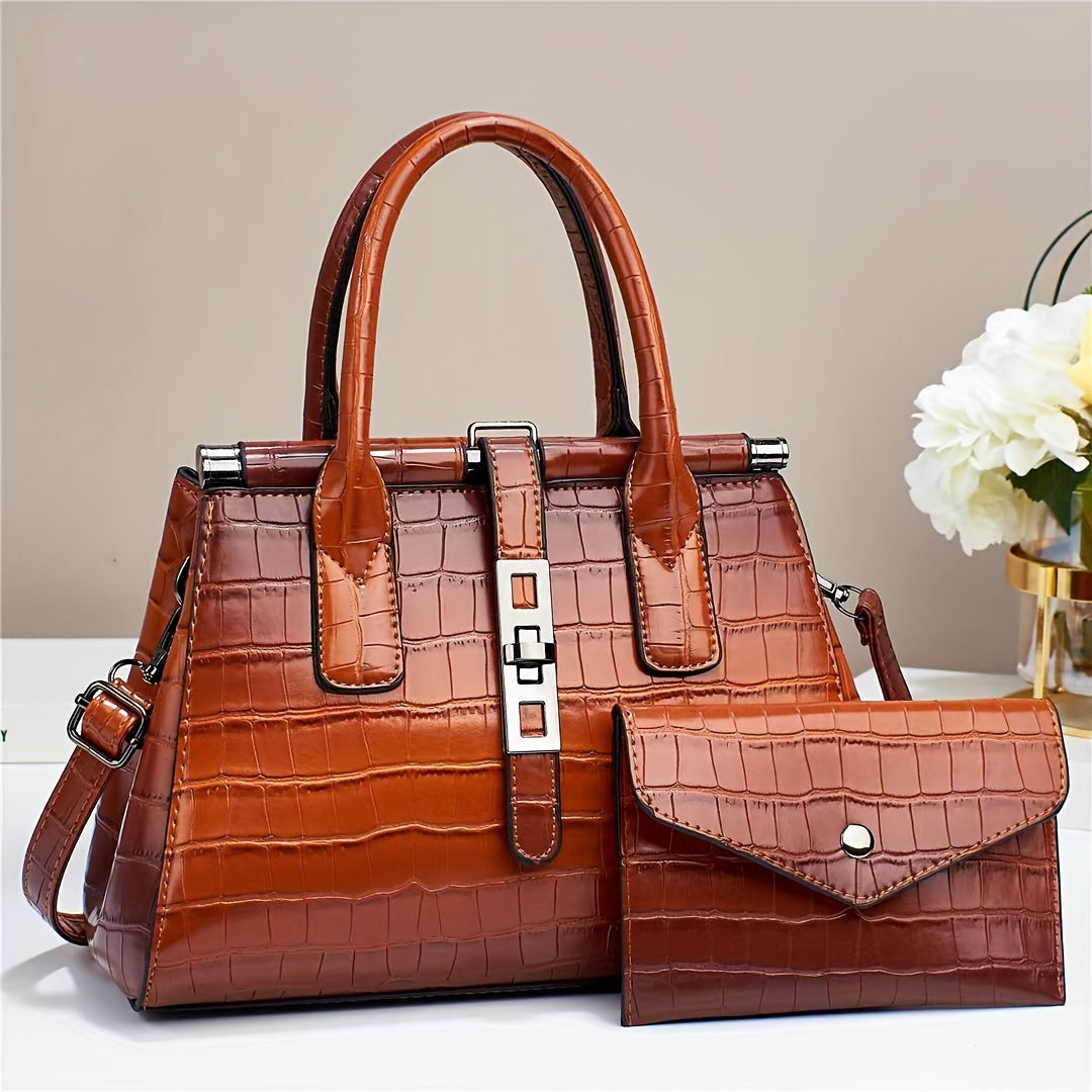 2 Pieces, Multi-Pocket Crocodile Pattern Tote Bag Set with Divider, Shoulder Bag,