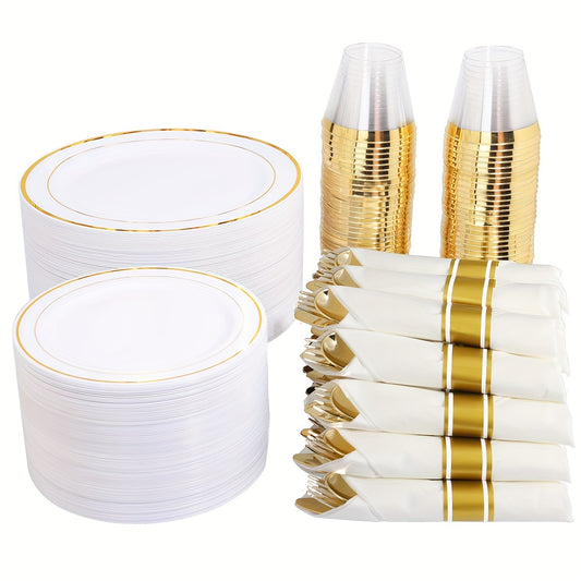 350pcs Golden Plastic Plates with Disposable Silverware and Cups Include:50 Dinner Plates 50 Dessert Plates 50 Golden Rim Cups 9 OZ 50 Golden Cutlery