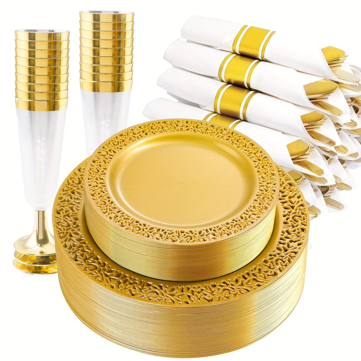 210 pcs Solid Golden Disposable Plates with Golden Plastic Silverware and Cups for Party,