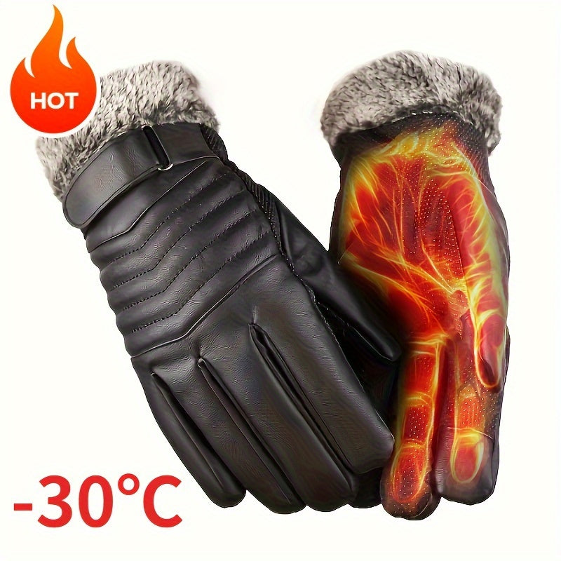 1 Pair Men'S Winter Gloves, for Snow, Skiing, Cycling, Black, Faux Leather, Unisex