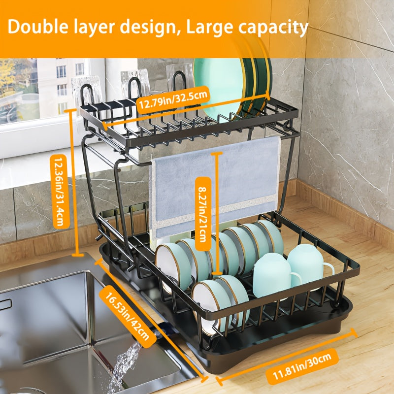 2-Tier Metal Dish Drying Rack with Self-Draining, Multifunctional Kitchen Counter Strainer