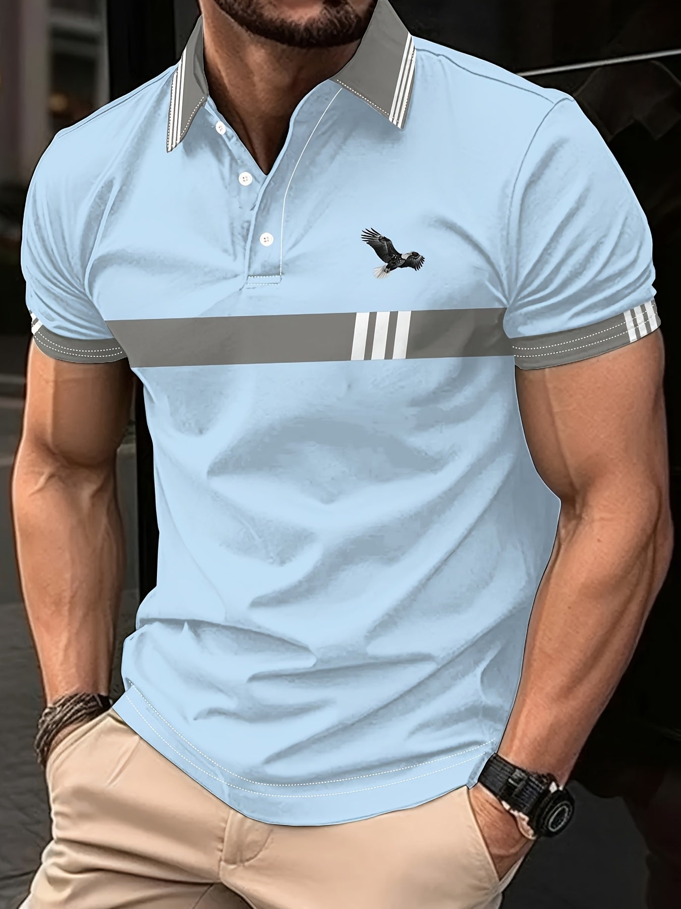 Men's Color Blocking Stripe Print Golf Shirt for Summer, Casual Stylish Short Sleeve Top As Gift