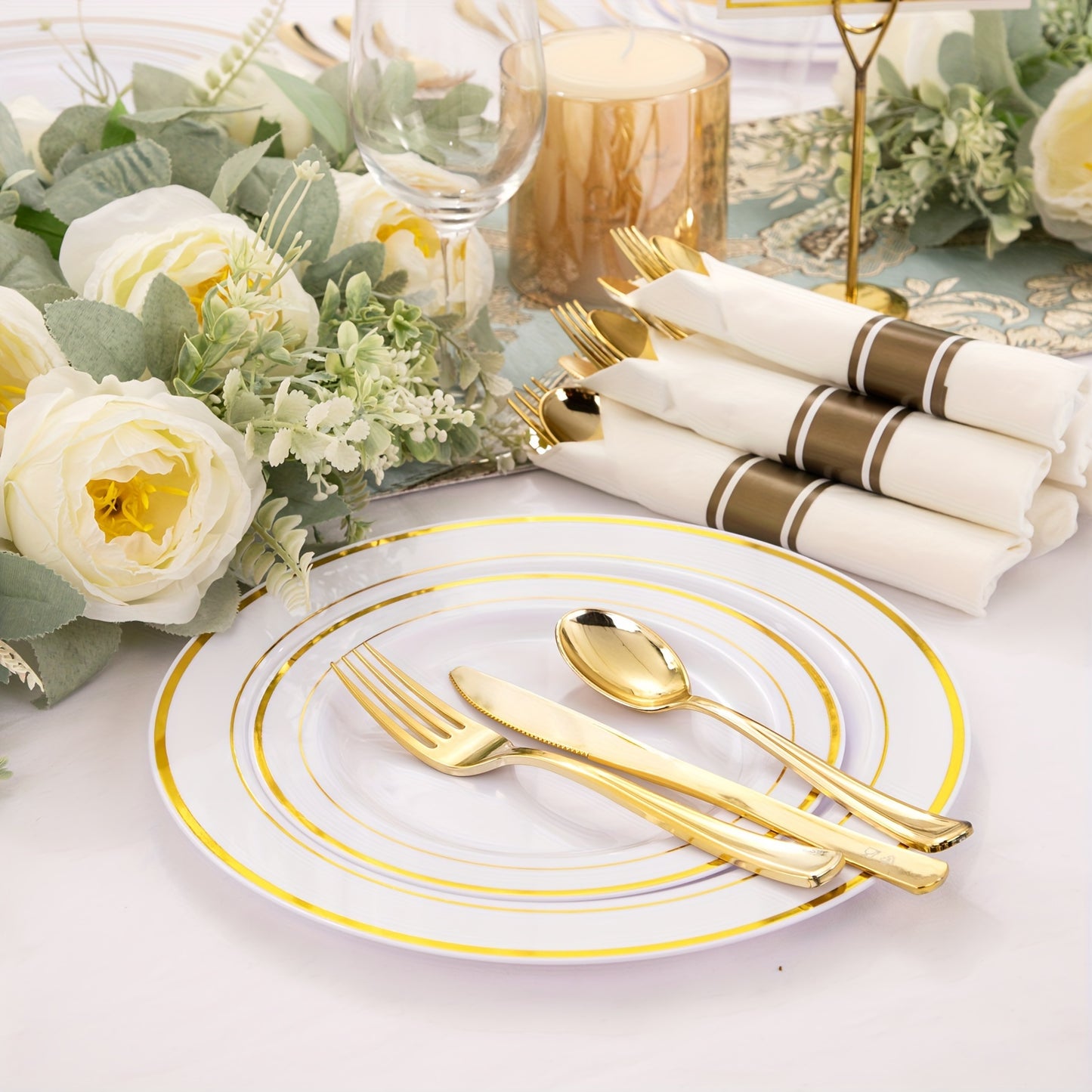 350pcs Golden Plastic Plates with Disposable Silverware and Cups Include:50 Dinner Plates 50 Dessert Plates 50 Golden Rim Cups 9 OZ 50 Golden Cutlery