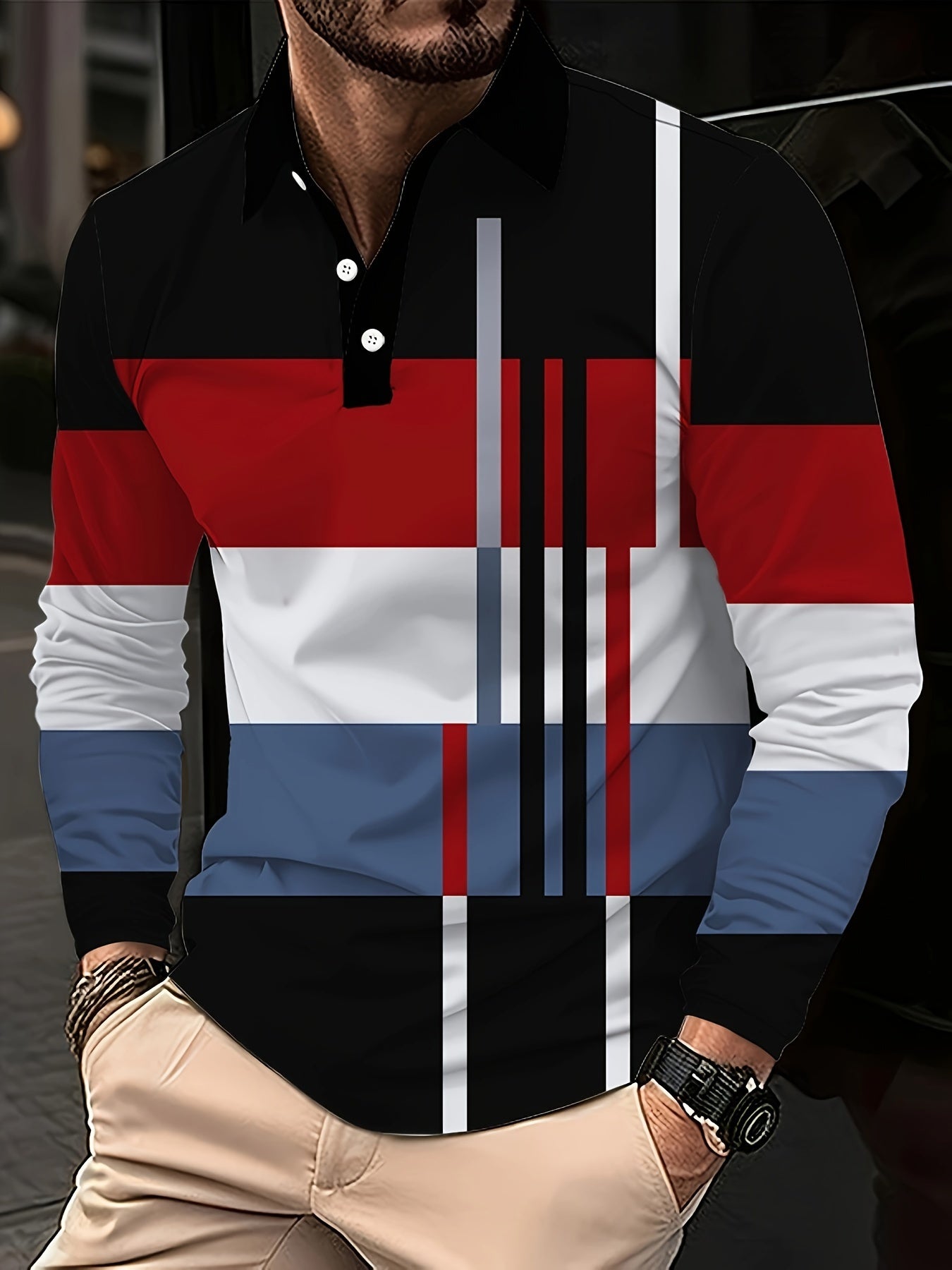 Soft Breathable Polyester Knit Men's Long Sleeve Casual Striped Pattern Button-Up Golf Shirt for Spring/Fall, Outdoor Cloth