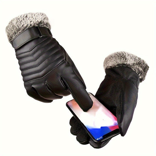 1 Pair Men'S Winter Gloves, for Snow, Skiing, Cycling, Black, Faux Leather, Unisex